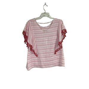 Joy Joy Red and White Striped Tassel Shirt Women's Large Holiday NWT